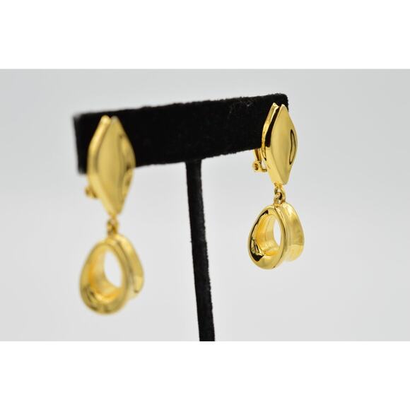 Givenchy Vintage Clip Earrings Metallic Gold Drop Dangle Chunky Signed 1980s 9I - Picture 6 of 11